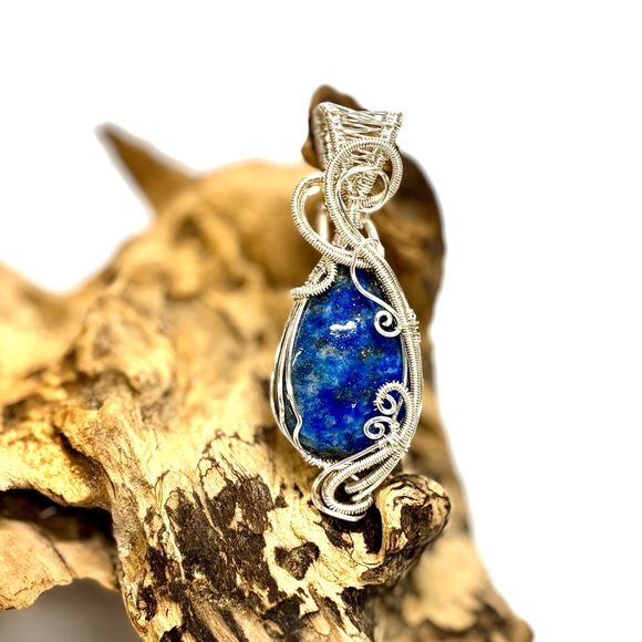 HAND CRAFTED Lapis Lazuli Wire Wrapped Silver Plated Copper Pendant, Handmade - Picture 3 of 10